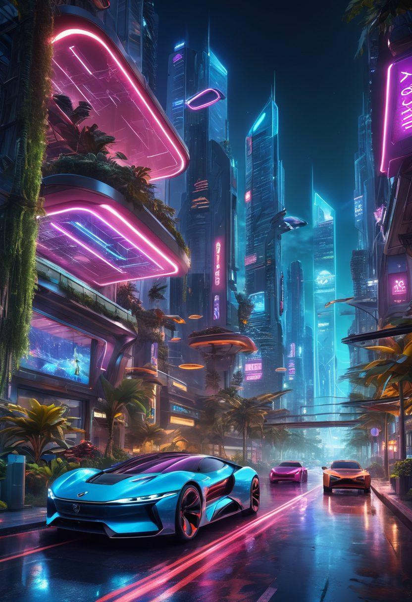 A futuristic city skyline with advanced technology and sleek designs, featuring Aupiar Solutions' logo integrated into various innovations like flying cars and smart buildings. Bright, neon lights illuminating the scene, showing a blend of nature and technology with green spaces. A diverse group of people interacting with the innovations happily, showcasing a collaborative future. cyberpunk. vibrant colors.