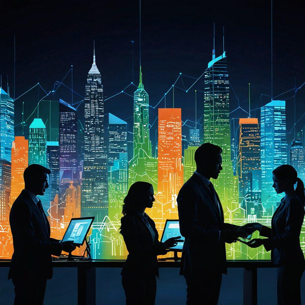 A dynamic collage showcasing diverse business professionals engaging with advanced software interfaces, illustrating empowerment and innovation. Include abstract elements representing technology, such as coding symbols and digital graphs. Use contrasting colors to highlight transformation and energy, with a city skyline silhouette in the background. super-realistic. vibrant colors. 3D.