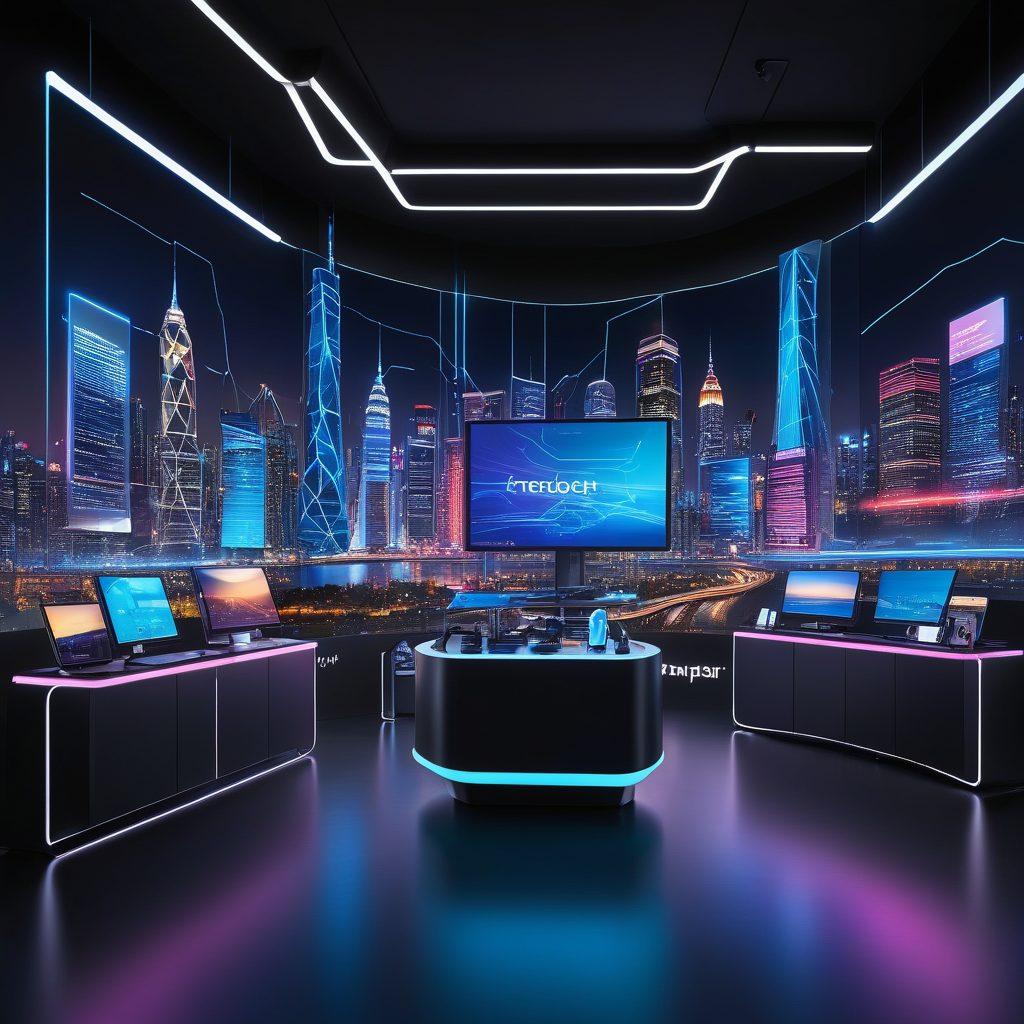 A futuristic display showcasing Aupiar products in a sleek, modern environment. Include an array of high-tech gadgets, devices interconnected by glowing lines symbolizing a tech ecosystem. The background features a vibrant city skyline with digital accents, while users interact with the products, highlighting innovation and connectivity. super-realistic. vibrant colors. 3D.